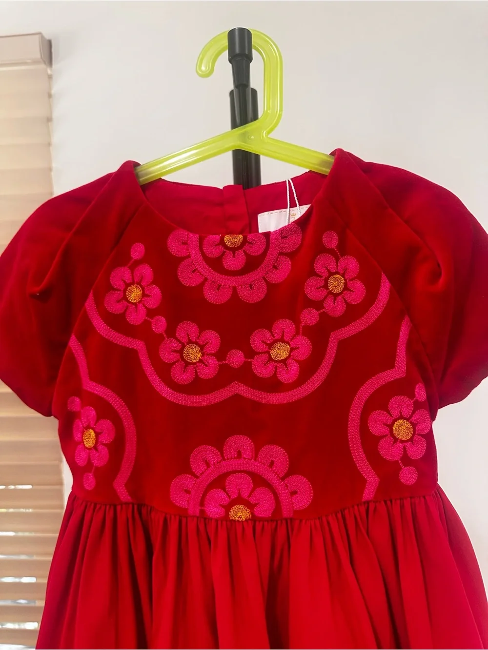 Jacadi Red Dress with Pink Floral Embroidery